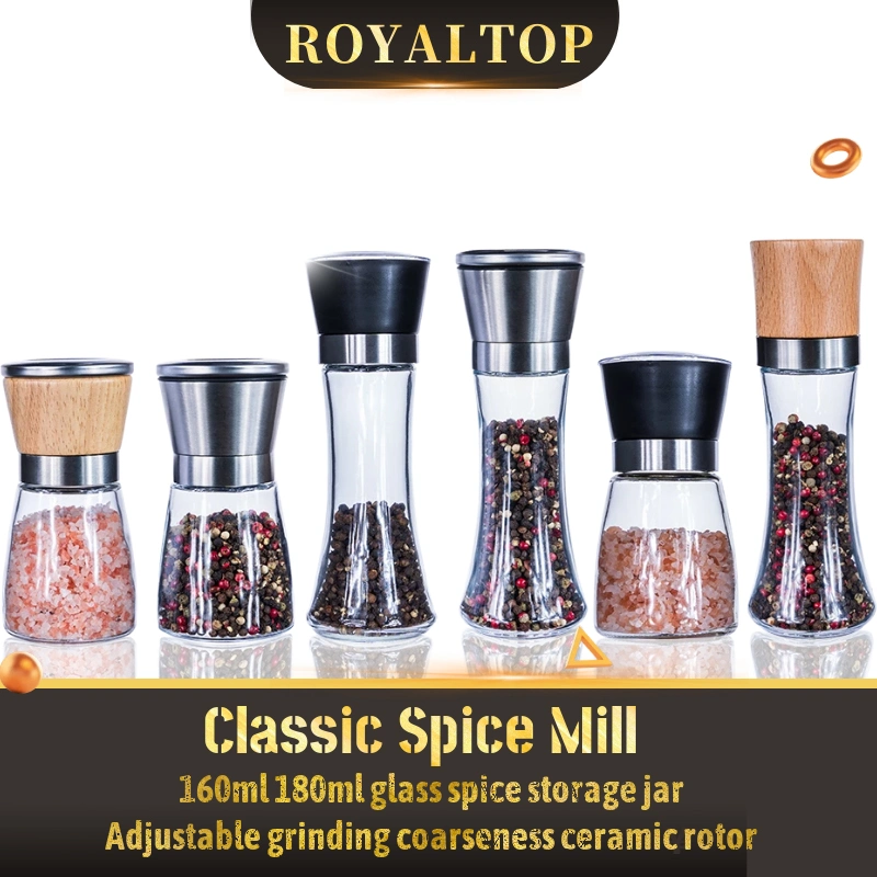 Stainless Steel Pepper Salt Grinder Glass Shaker Salt Pepper Grinder Refillable Black Pepper Bottle Adjustable Salt Mill